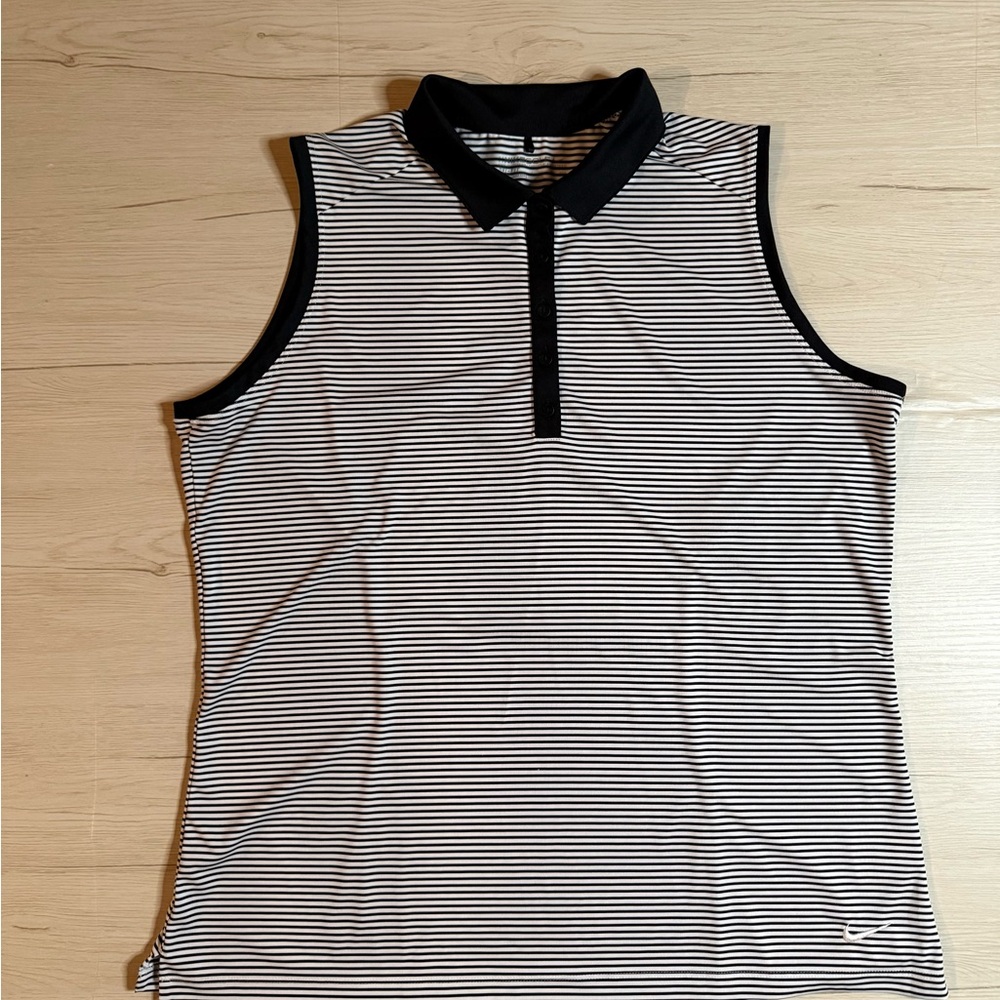 Women’s Black and White Striped Sleeveless Polo Golf Shirt - size XXL